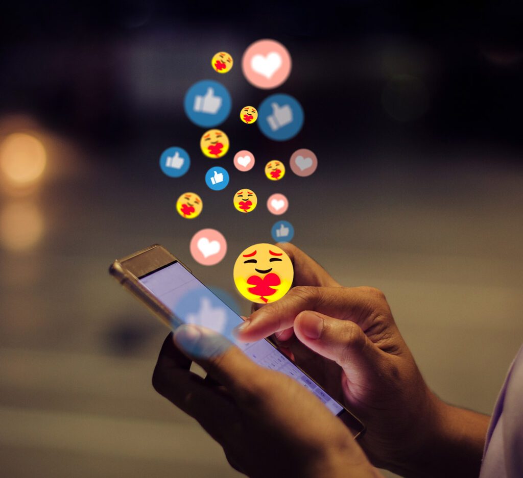 graphic showcasing like and share icons floating up from smartphone screens